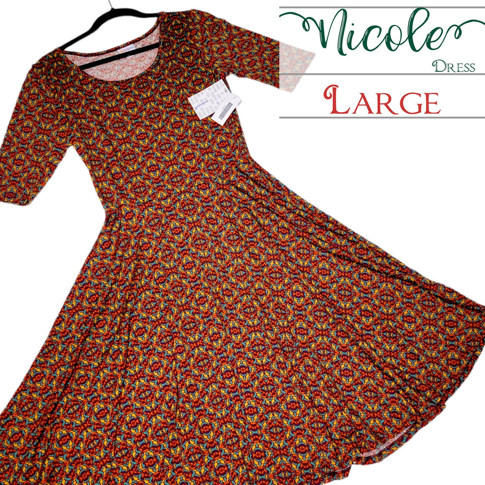 LuLaRoe Kaleidoscope Nicole Large Orange Yellow Green Skater Dress Fit Flare